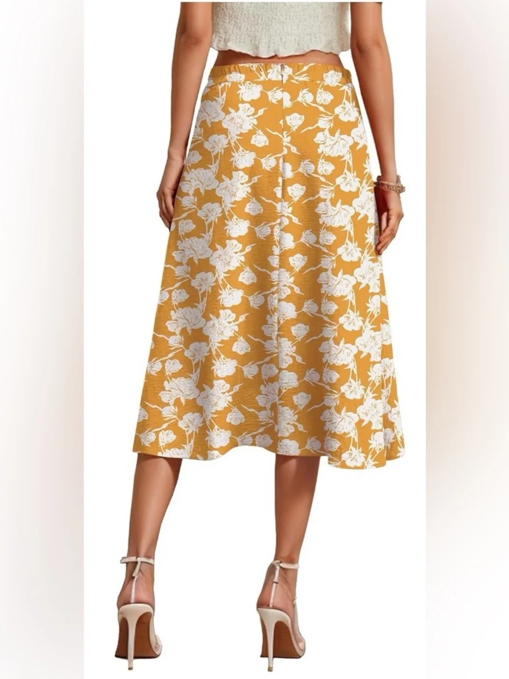 High-Low Floral Midi Skirt in Mustard Yellow